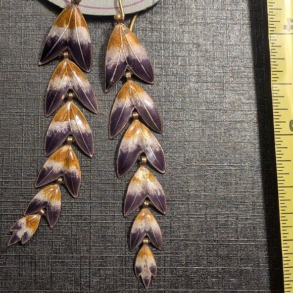 Dangle Leaf Earrings purple Enamel Sterling Silver Vermeil Gold Plate Estate Vtg - Picture 1 of 7
